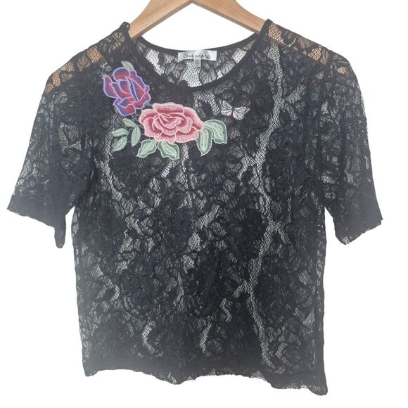 Love More Y2K Black Lace Top with Floral Embroidery Mesh See Through Size Medium - Picture 1 of 4